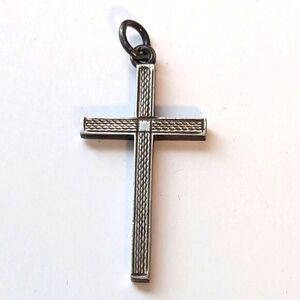 Sterling Silver Religious Cross Charm Pendant Minimal Stamped Rustic Block VTG